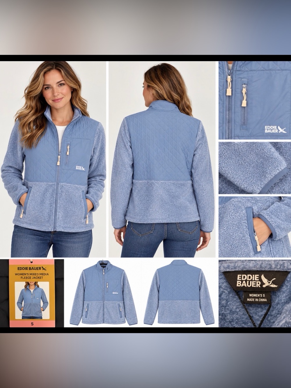 Eddie Bauer Women's Sky Blue Quilted & Fleece Mixed-Media Jacket